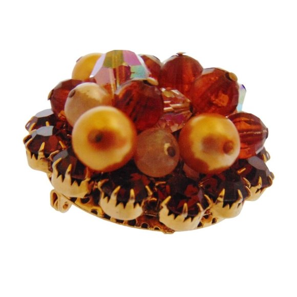 Vintage Brown Bead and Rhinestone Crystal Layered Gold Tone Brooch 2" Diameter - Picture 2 of 5
